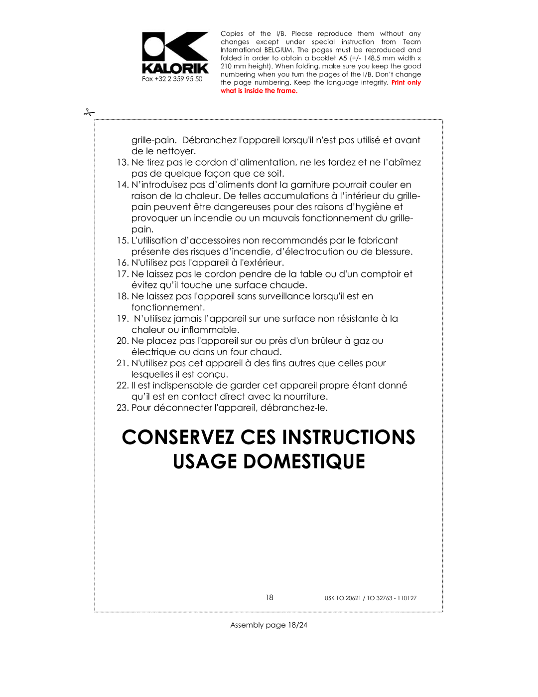 Kalorik USK TO 32763, USK TO 20621 manual Conservez CES Instructions Usage Domestique, Assembly page 18/24 