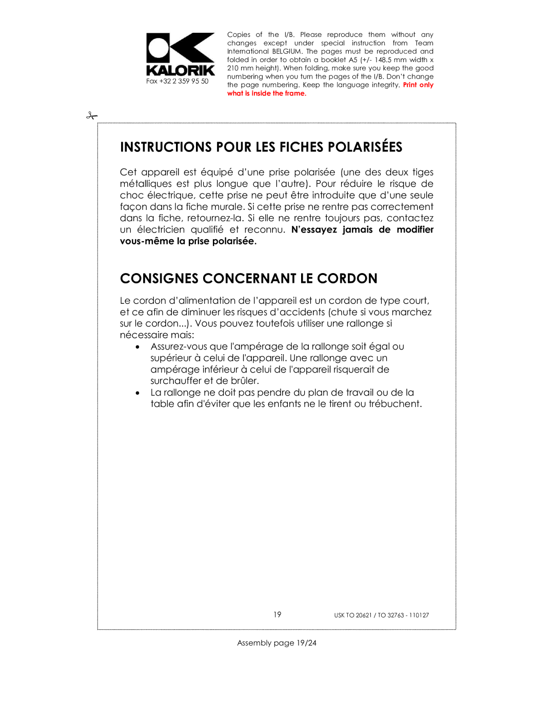 Kalorik USK TO 20621 manual Instructions Pour LES Fiches Polarisées, Consignes Concernant LE Cordon, Assembly page 19/24 