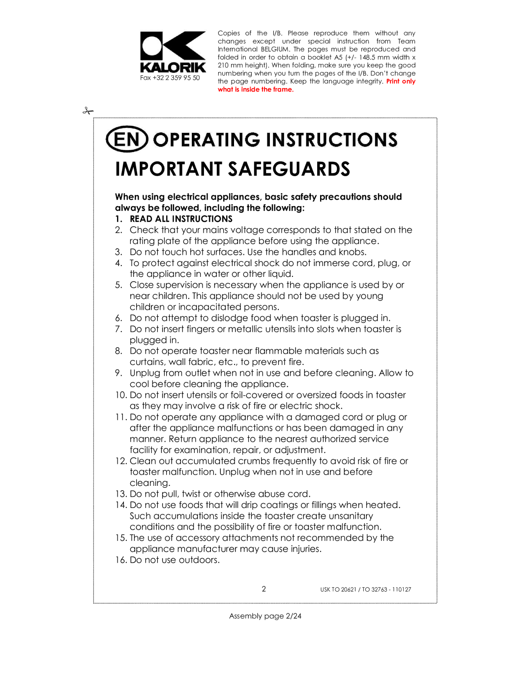 Kalorik USK TO 32763, USK TO 20621 manual Important Safeguards, Assembly page 2/24 