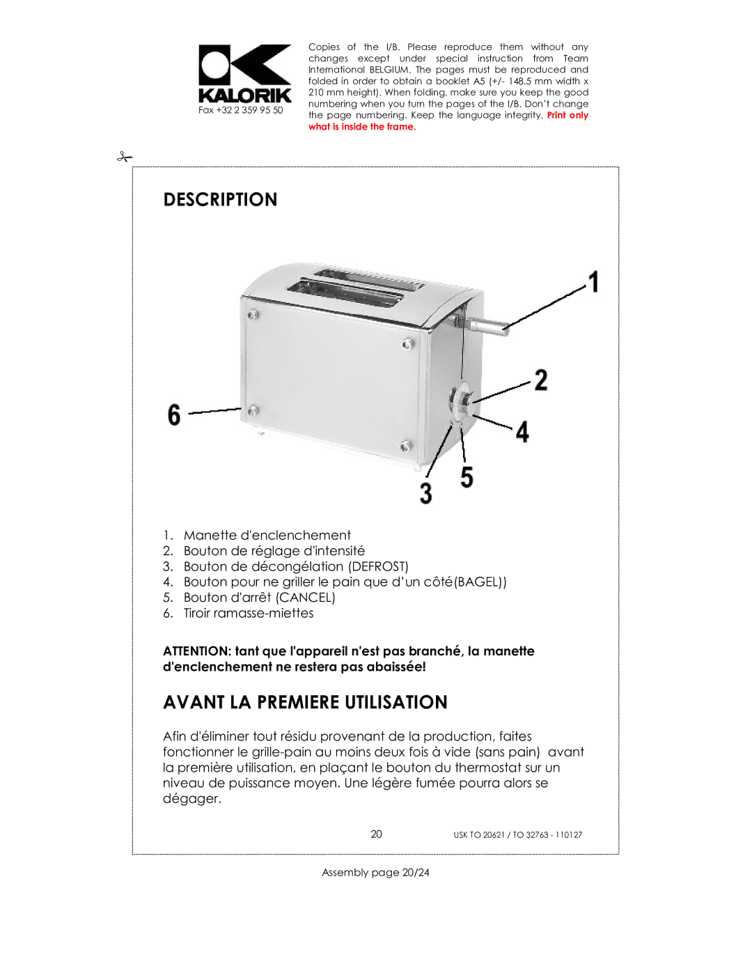 Kalorik USK TO 32763, USK TO 20621 manual Description, Avant LA Premiere Utilisation, Assembly page 20/24 