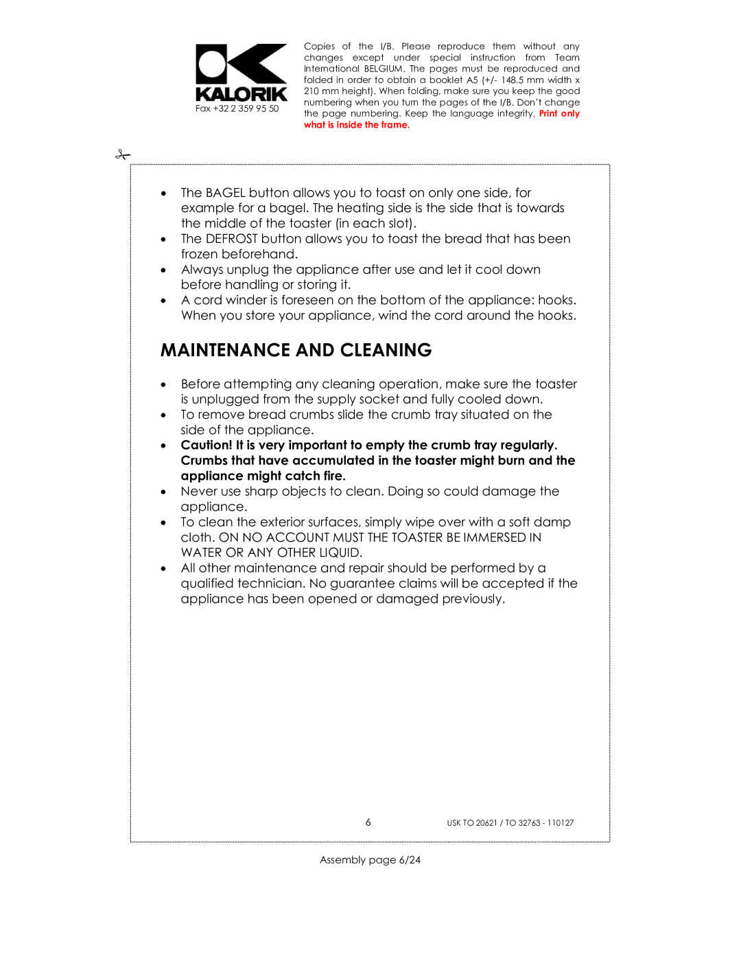 Kalorik USK TO 32763, USK TO 20621 manual Maintenance and Cleaning, Assembly page 6/24 