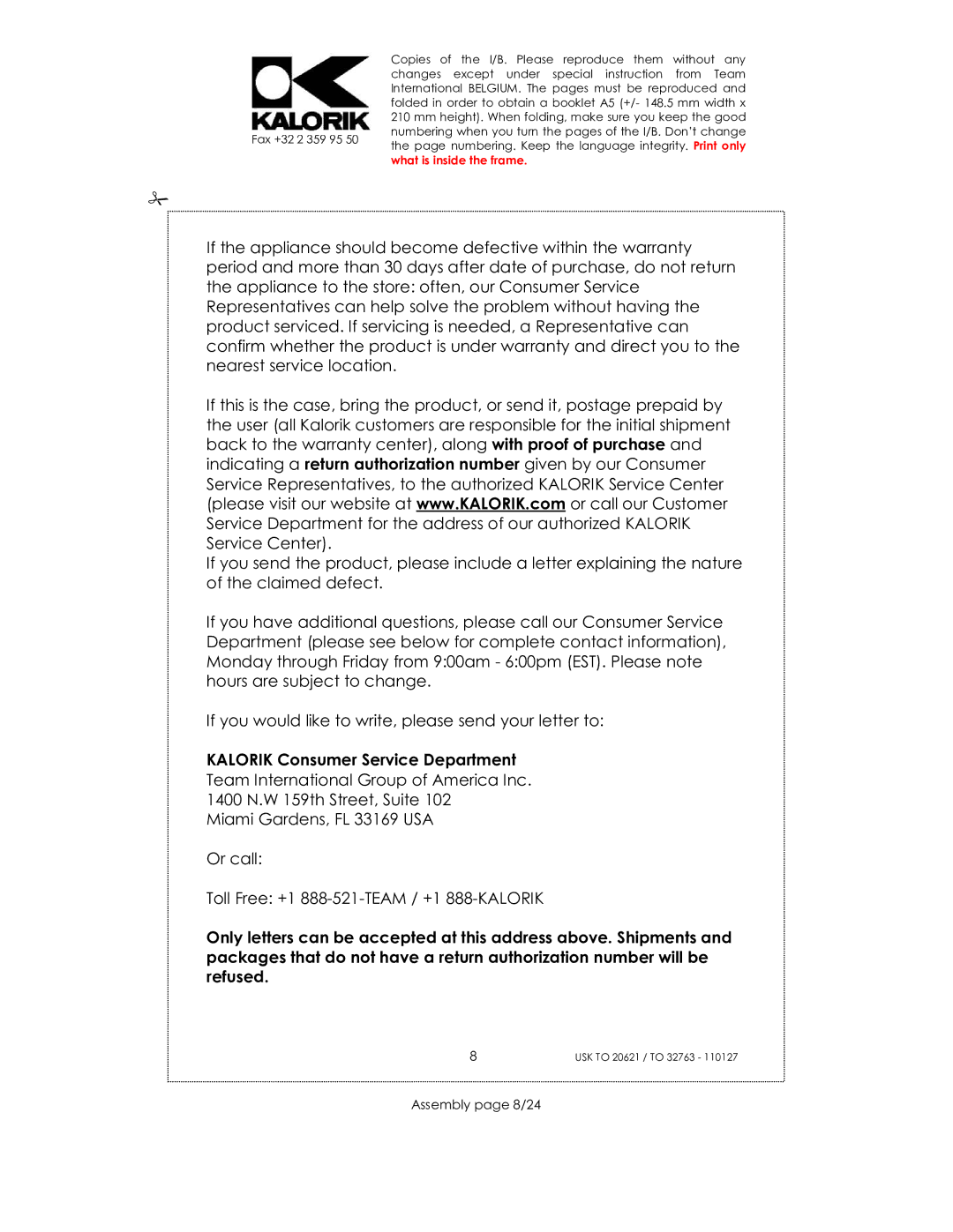 Kalorik USK TO 32763, USK TO 20621 manual Kalorik Consumer Service Department, Assembly page 8/24 