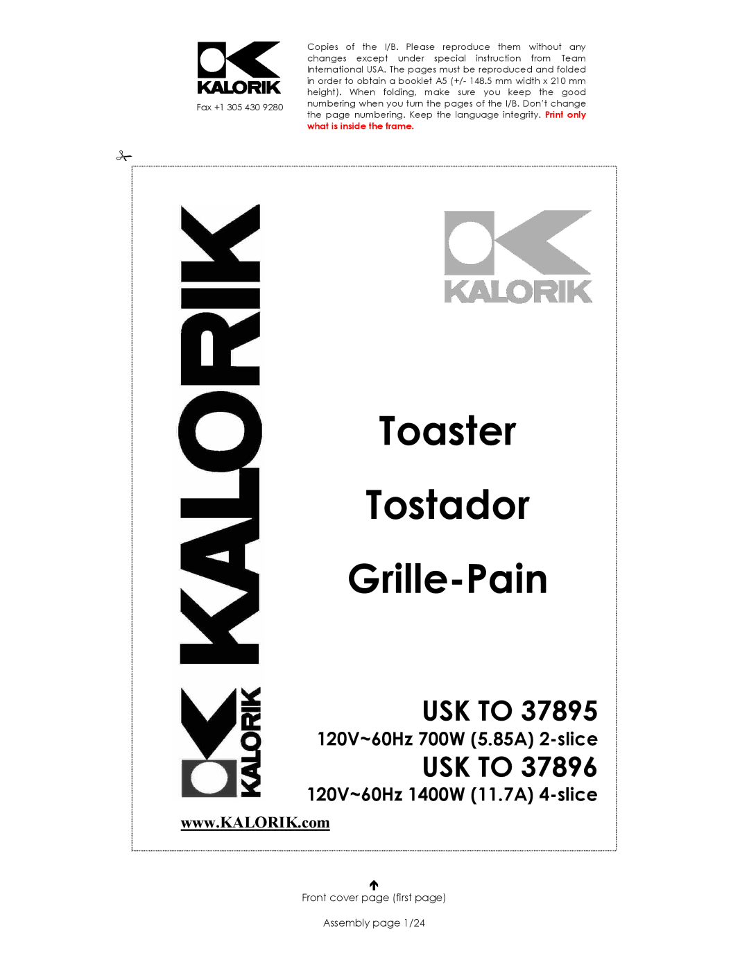 Kalorik USK TO 37895, USK TO 37896 manual Toaster Tostador Grille-Pain, Front cover page first Assembly page 1/24 