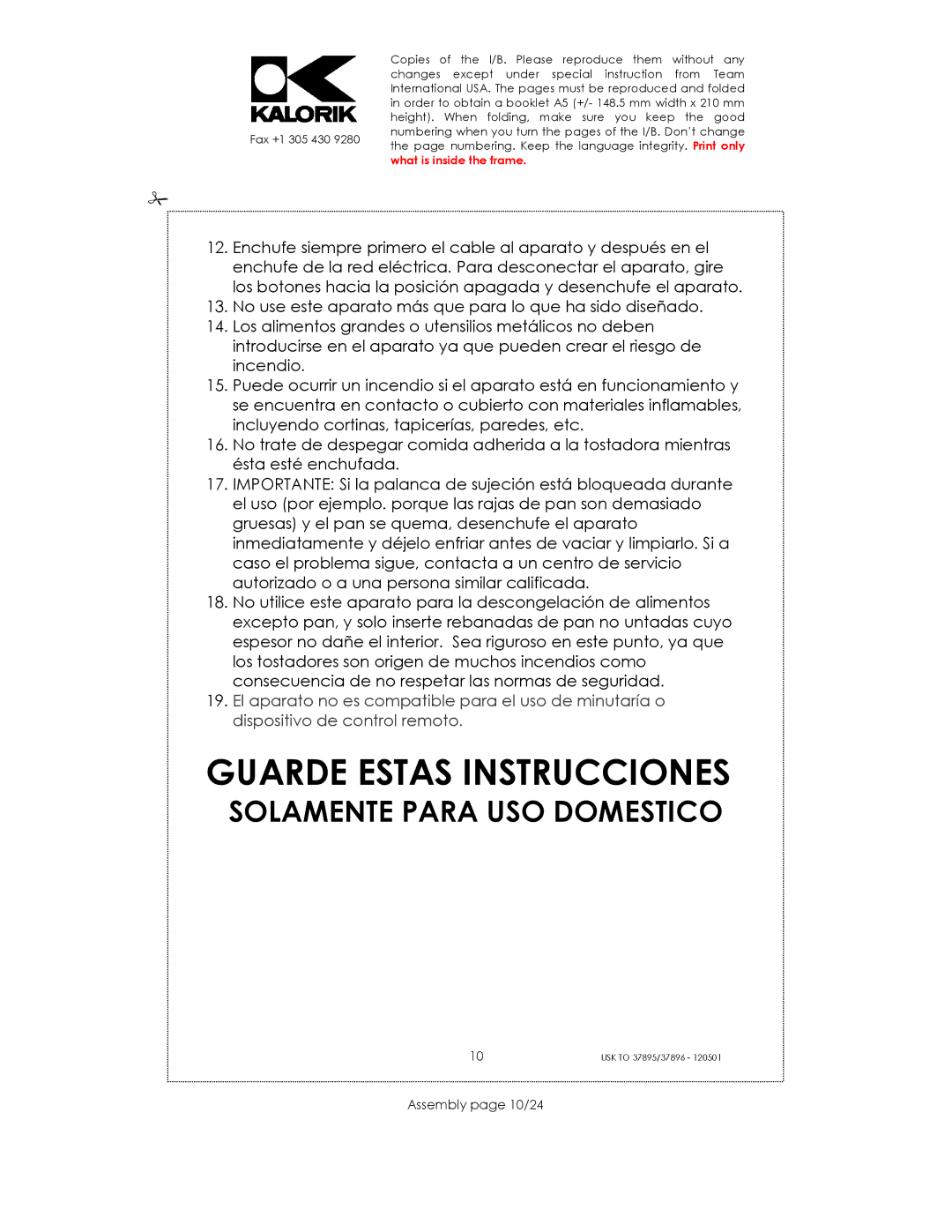 Kalorik USK TO 37896, USK TO 37895 manual Guarde Estas Instrucciones, Assembly page 10/24 