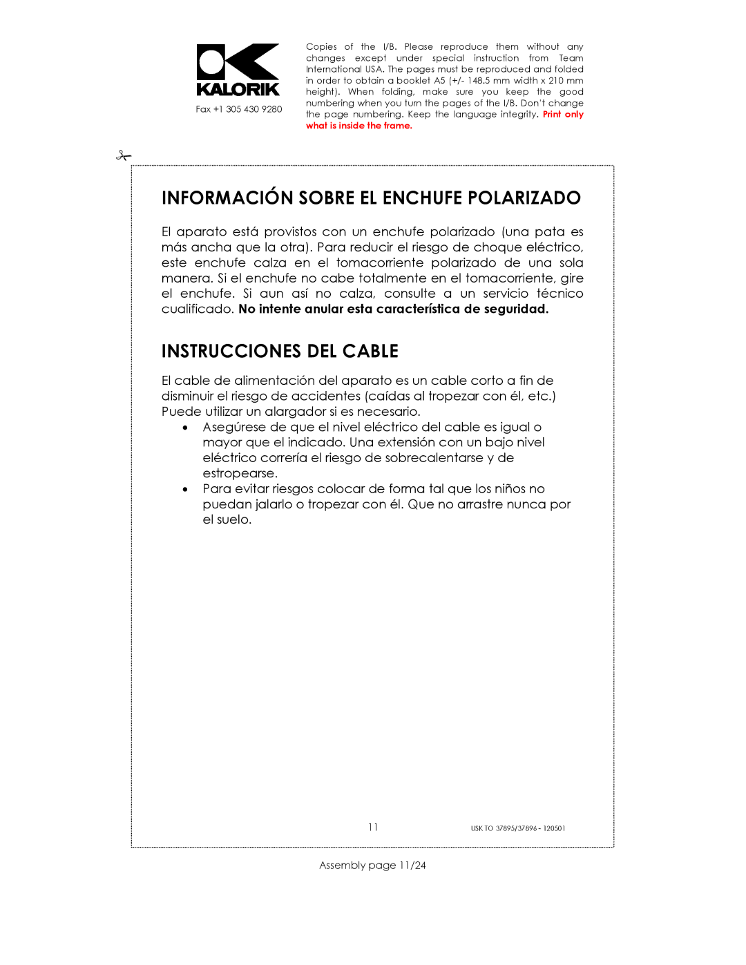 Kalorik USK TO 37895, USK TO 37896 Información Sobre EL Enchufe Polarizado, Instrucciones DEL Cable, Assembly page 11/24 