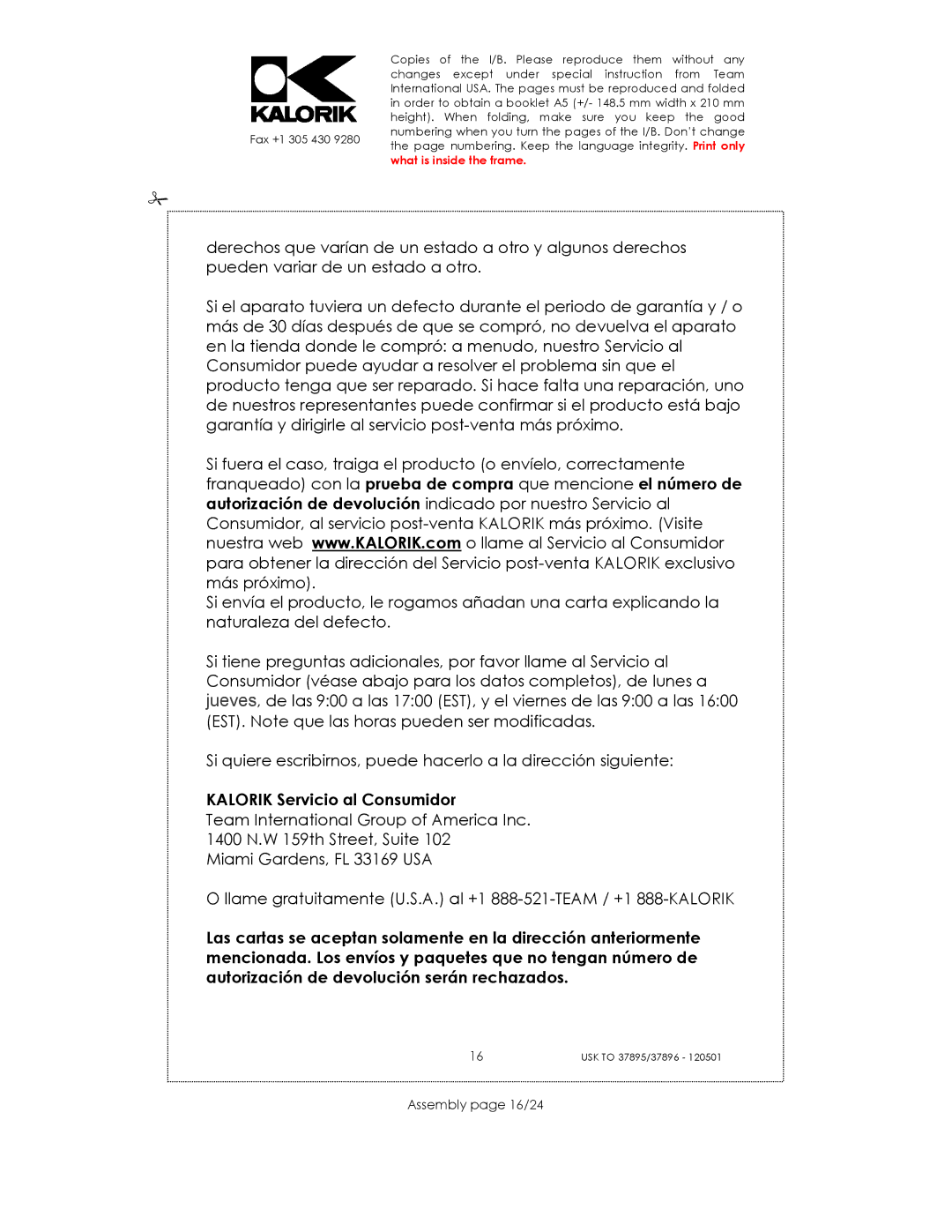 Kalorik USK TO 37896, USK TO 37895 manual Kalorik Servicio al Consumidor, Assembly page 16/24 