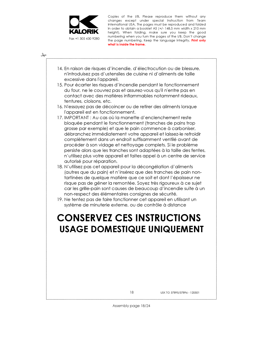 Kalorik USK TO 37896, USK TO 37895 manual Conservez CES Instructions, Assembly page 18/24 