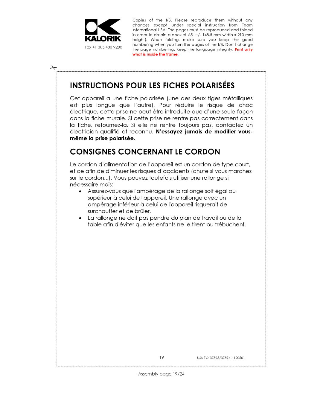 Kalorik USK TO 37895 manual Instructions Pour LES Fiches Polarisées, Consignes Concernant LE Cordon, Assembly page 19/24 