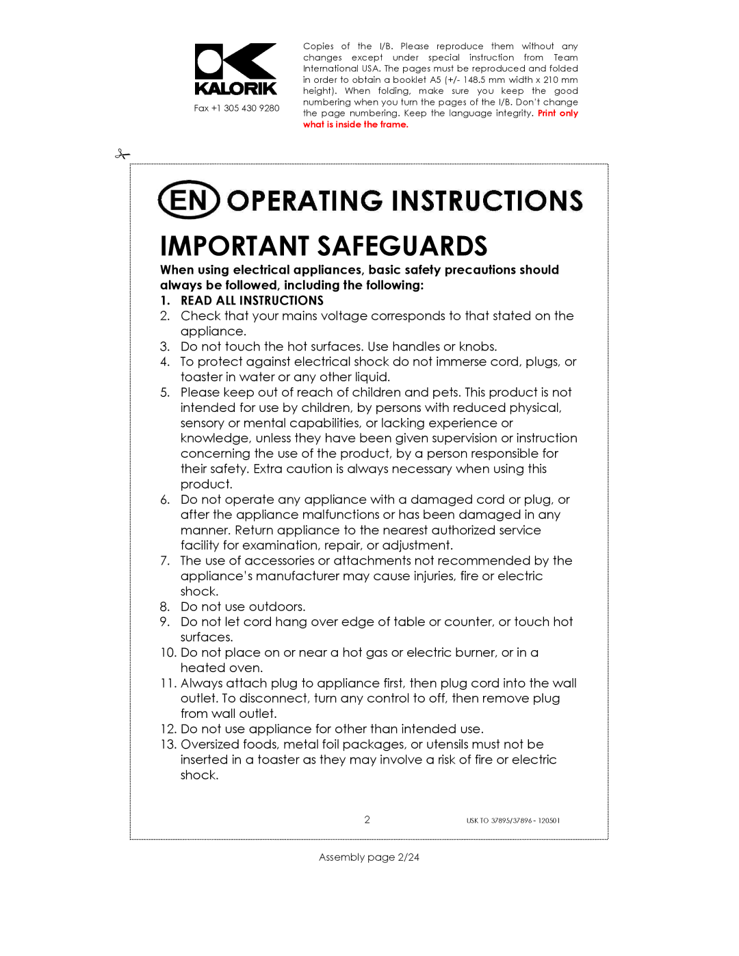 Kalorik USK TO 37896, USK TO 37895 manual Important Safeguards, Assembly page 2/24 