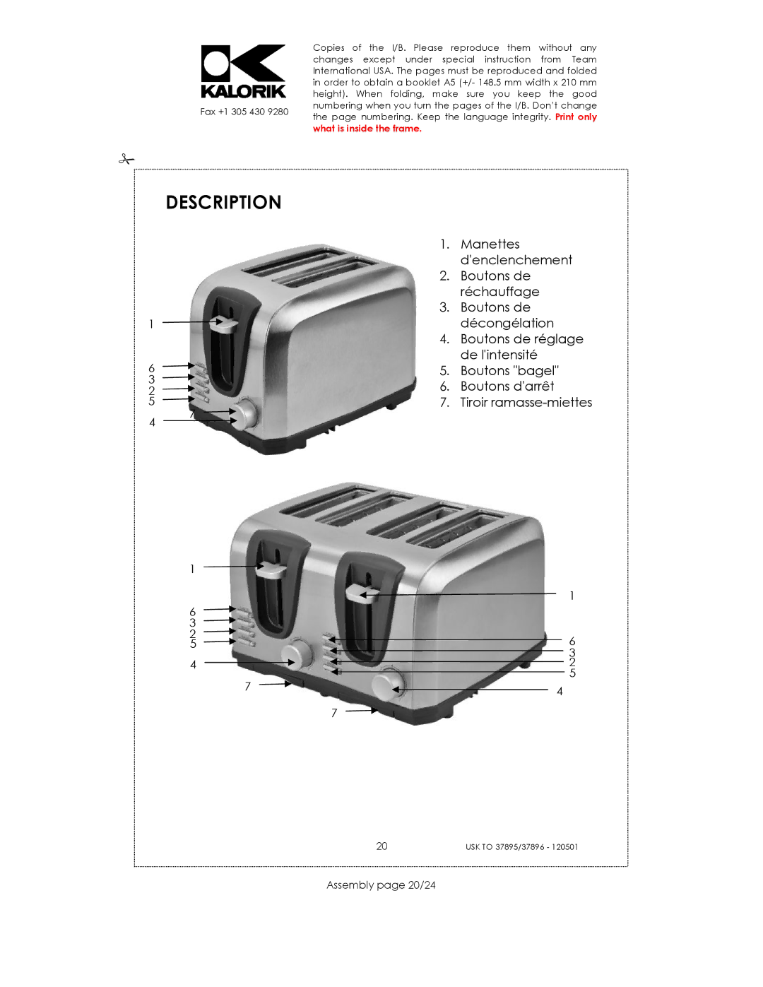 Kalorik USK TO 37896, USK TO 37895 manual Description, Assembly page 20/24 