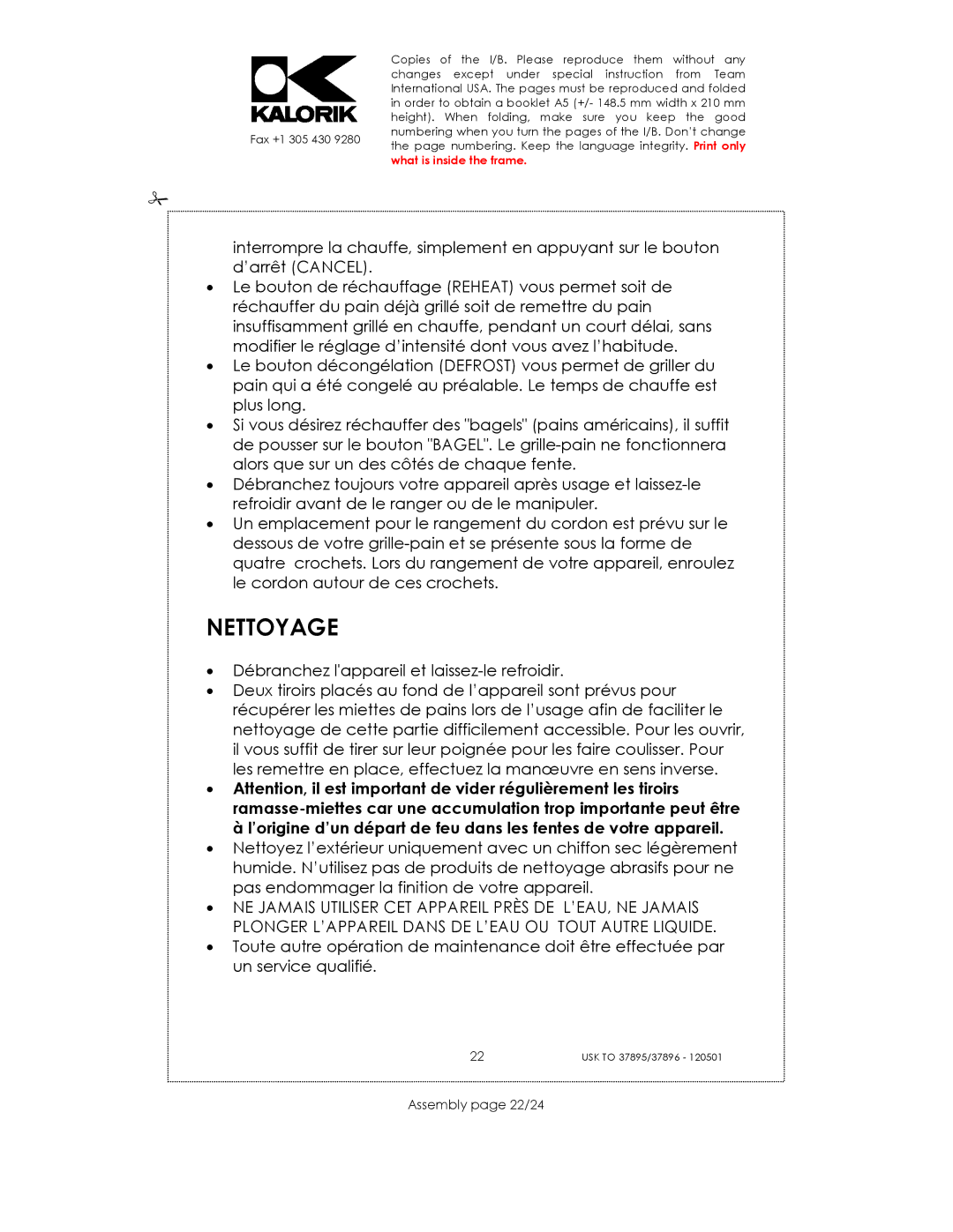 Kalorik USK TO 37896, USK TO 37895 manual Nettoyage, Assembly page 22/24 