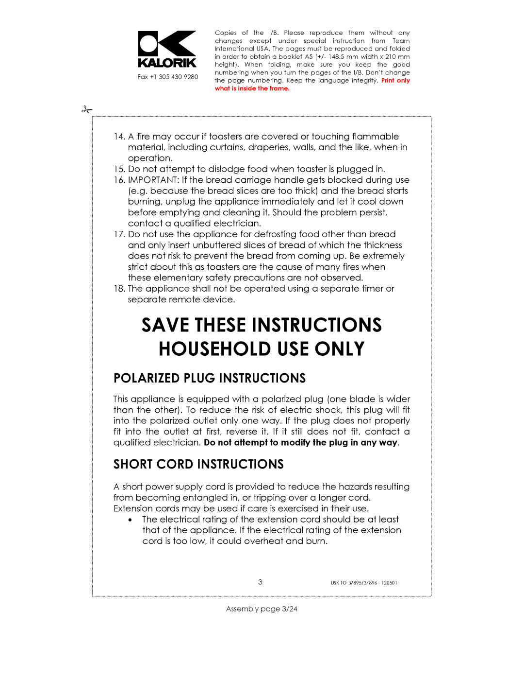 Kalorik USK TO 37895 manual Household USE only, Polarized Plug Instructions, Short Cord Instructions, Assembly page 3/24 