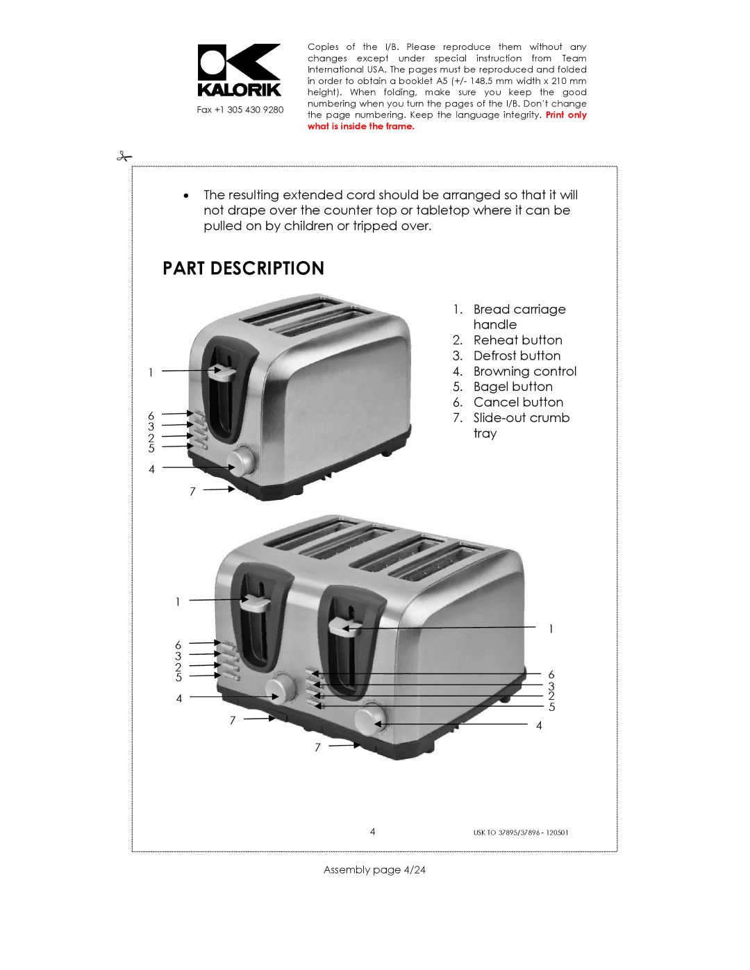 Kalorik USK TO 37896, USK TO 37895 manual Part Description, Assembly page 4/24 