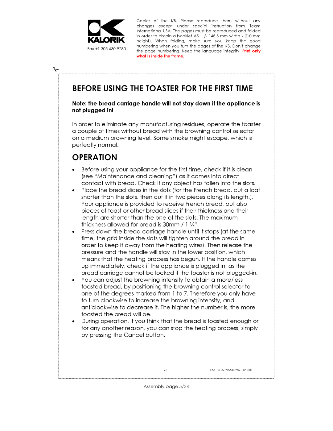 Kalorik USK TO 37895, USK TO 37896 manual Before Using the Toaster for the First Time, Operation, Assembly page 5/24 