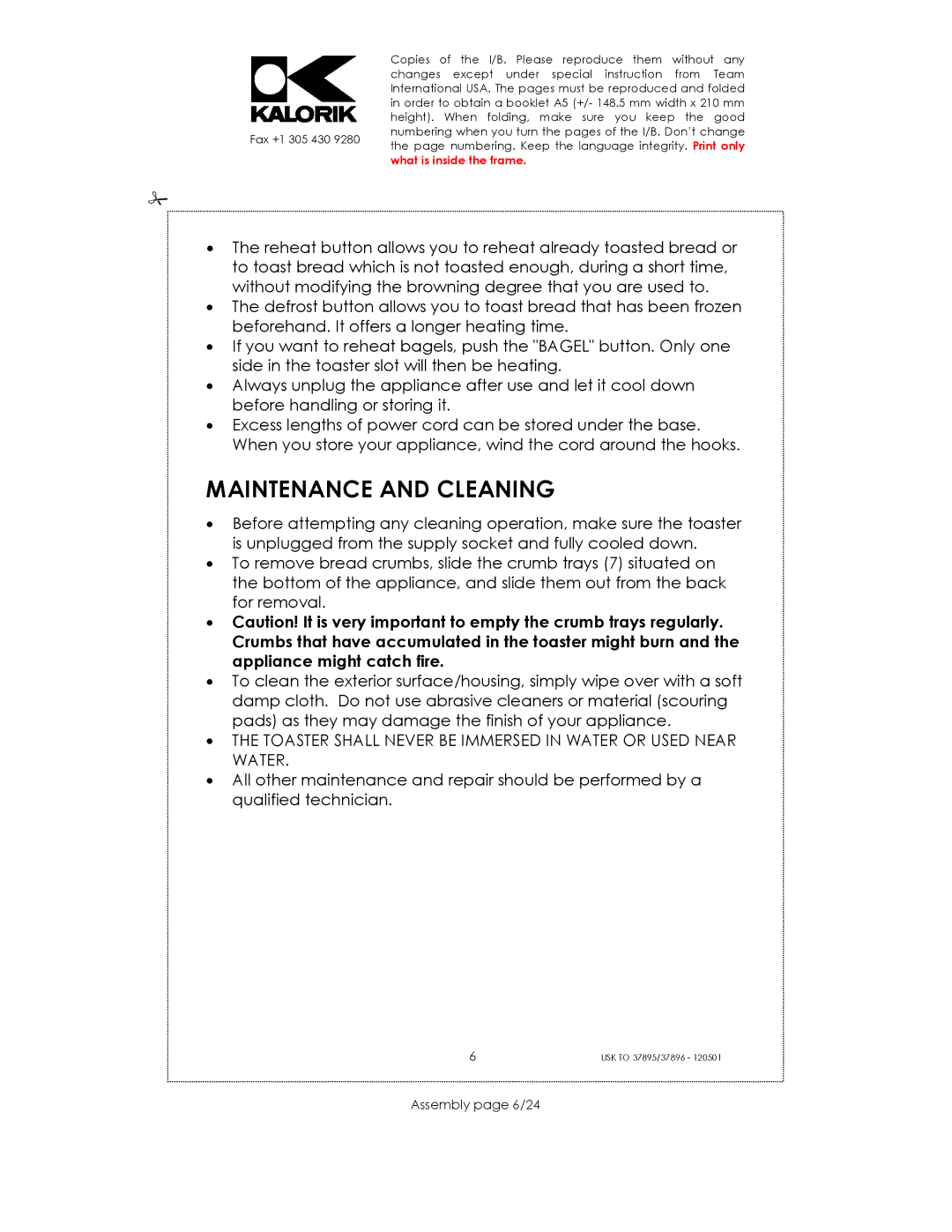 Kalorik USK TO 37896, USK TO 37895 manual Maintenance and Cleaning, Assembly page 6/24 