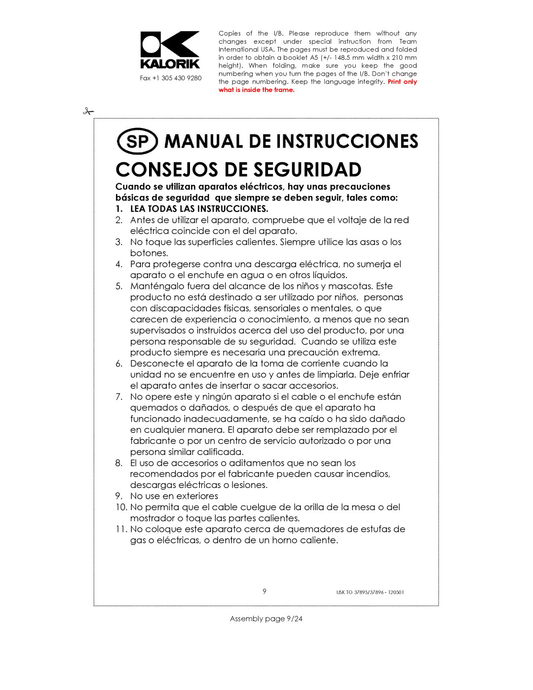 Kalorik USK TO 37895, USK TO 37896 manual Consejos DE Seguridad, Assembly page 9/24 