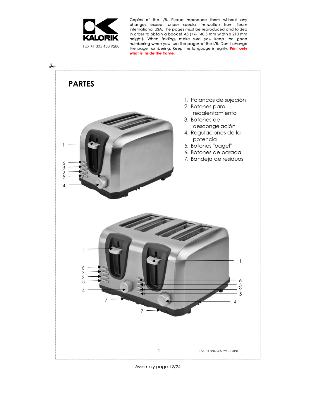 Kalorik USK TO 37896 manual Partes, Slide-ou, Palancas de sujeción 2. Botones para recalentamiento, Assembly page 12/24 