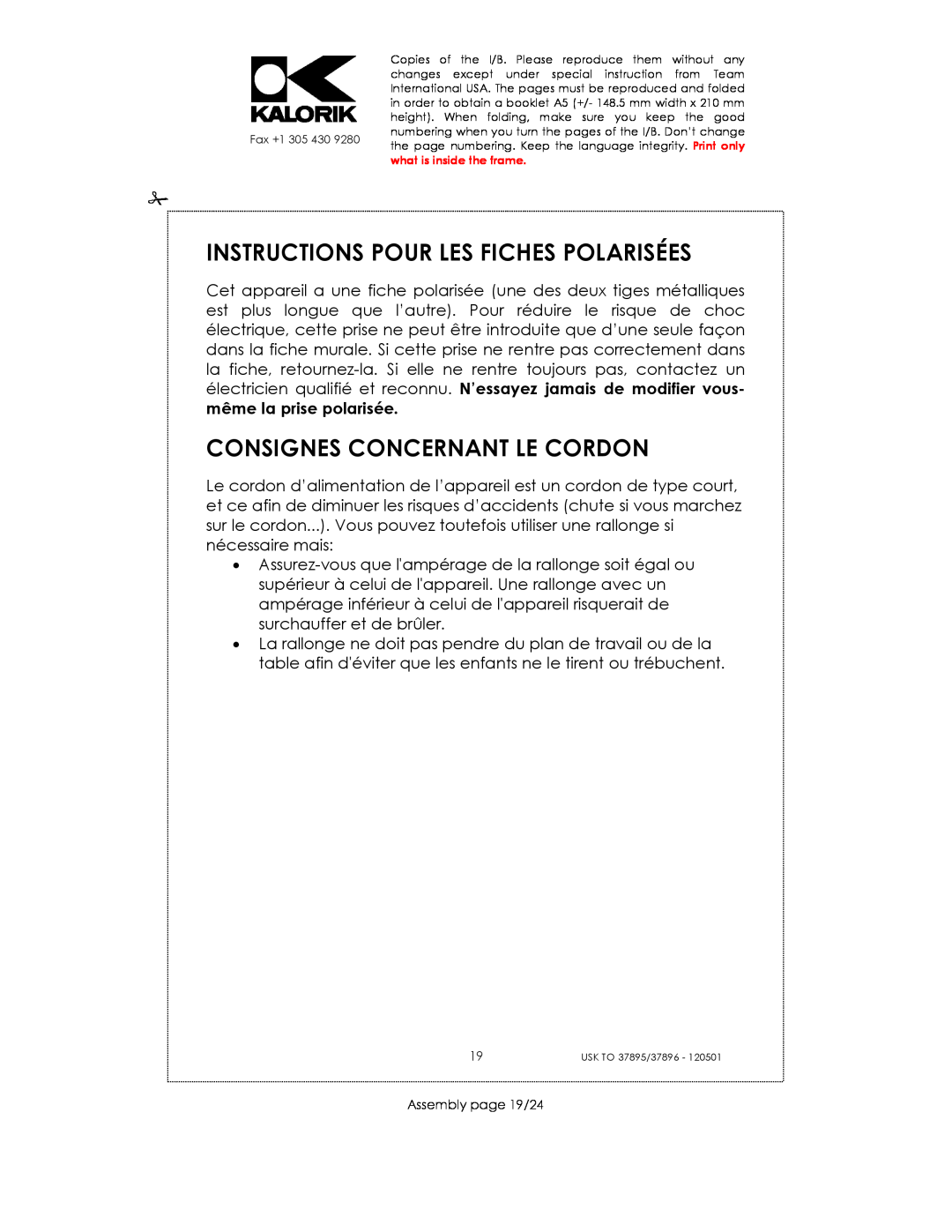 Kalorik USK TO 37895 manual Instructions Pour Les Fiches Polarisées, Consignes Concernant Le Cordon, Assembly page 19/24 