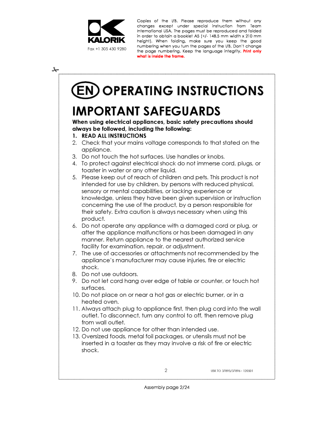 Kalorik USK TO 37896, USK TO 37895 manual Important Safeguards, Read All Instructions 