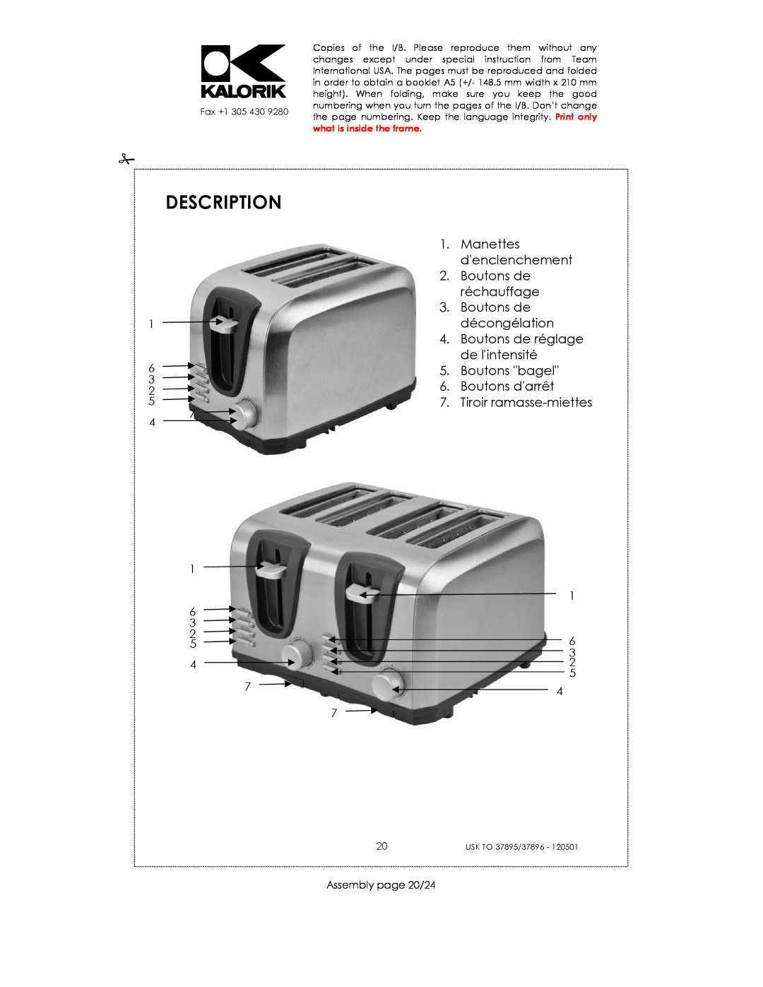 Kalorik USK TO 37896, USK TO 37895 manual Description, Assembly page 20/24 