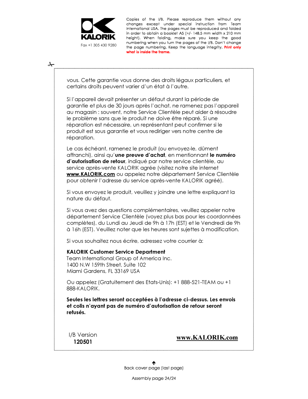 Kalorik USK TO 37896, USK TO 37895 manual I/B Version, 120501, KALORIK Customer Service Department 