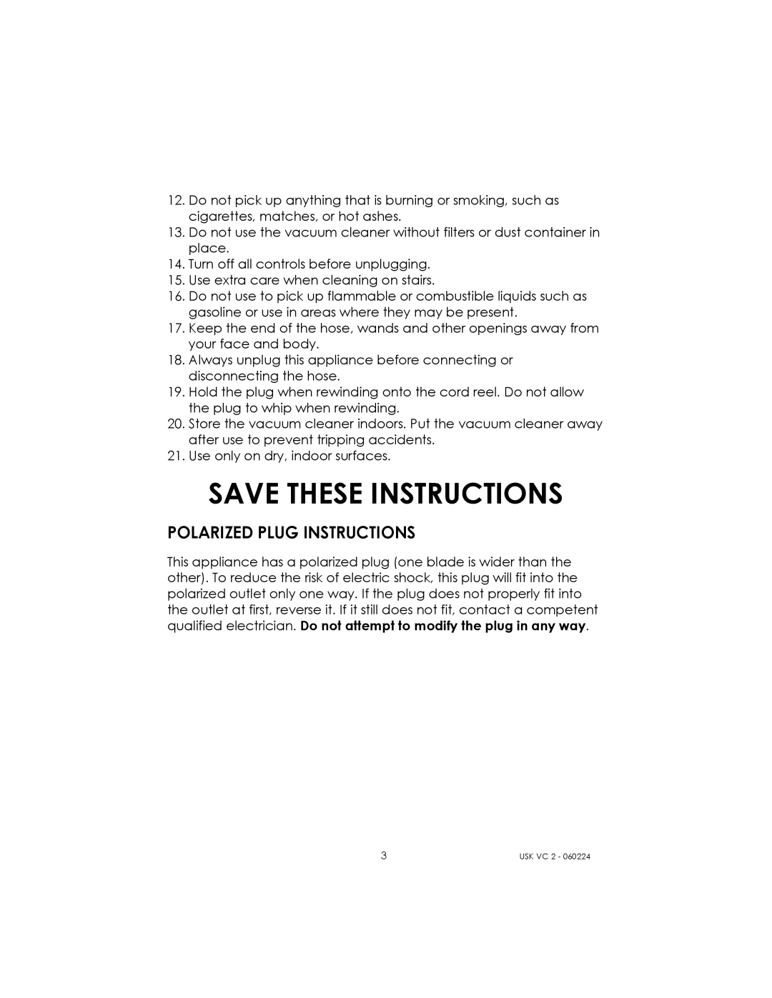 Kalorik USK VC 2 manual Polarized Plug Instructions 