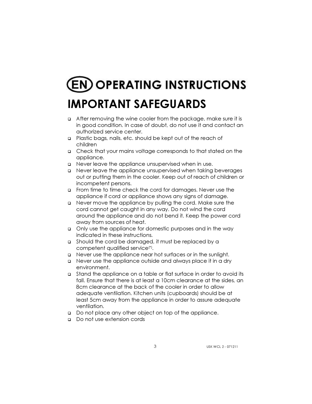 Kalorik USK WCL 2 manual Important Safeguards 