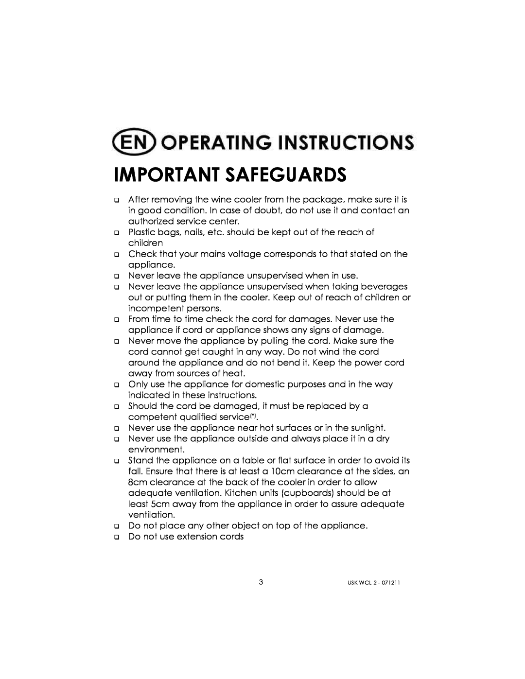 Kalorik USK WCL 2 manual Important Safeguards 