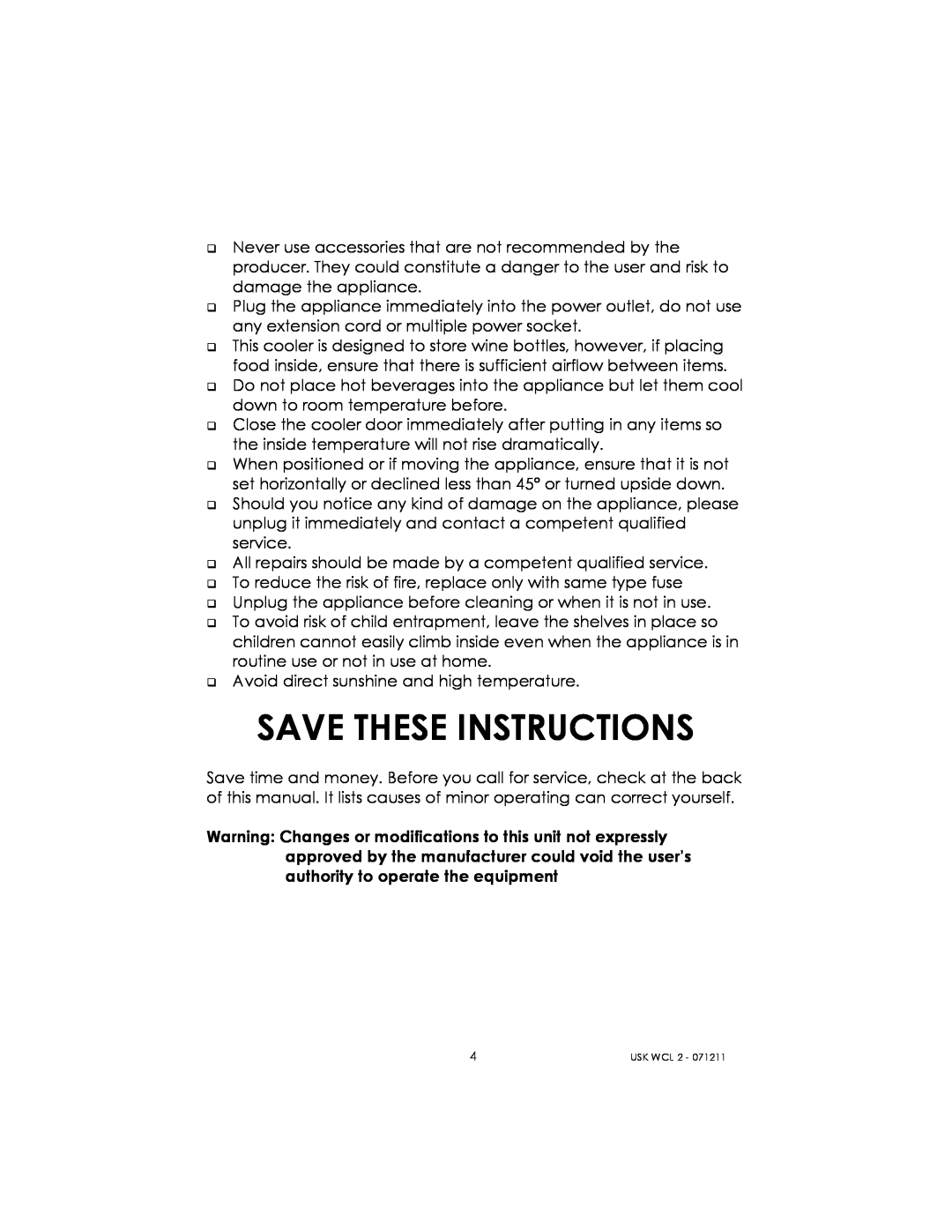 Kalorik USK WCL 2 manual Save These Instructions 