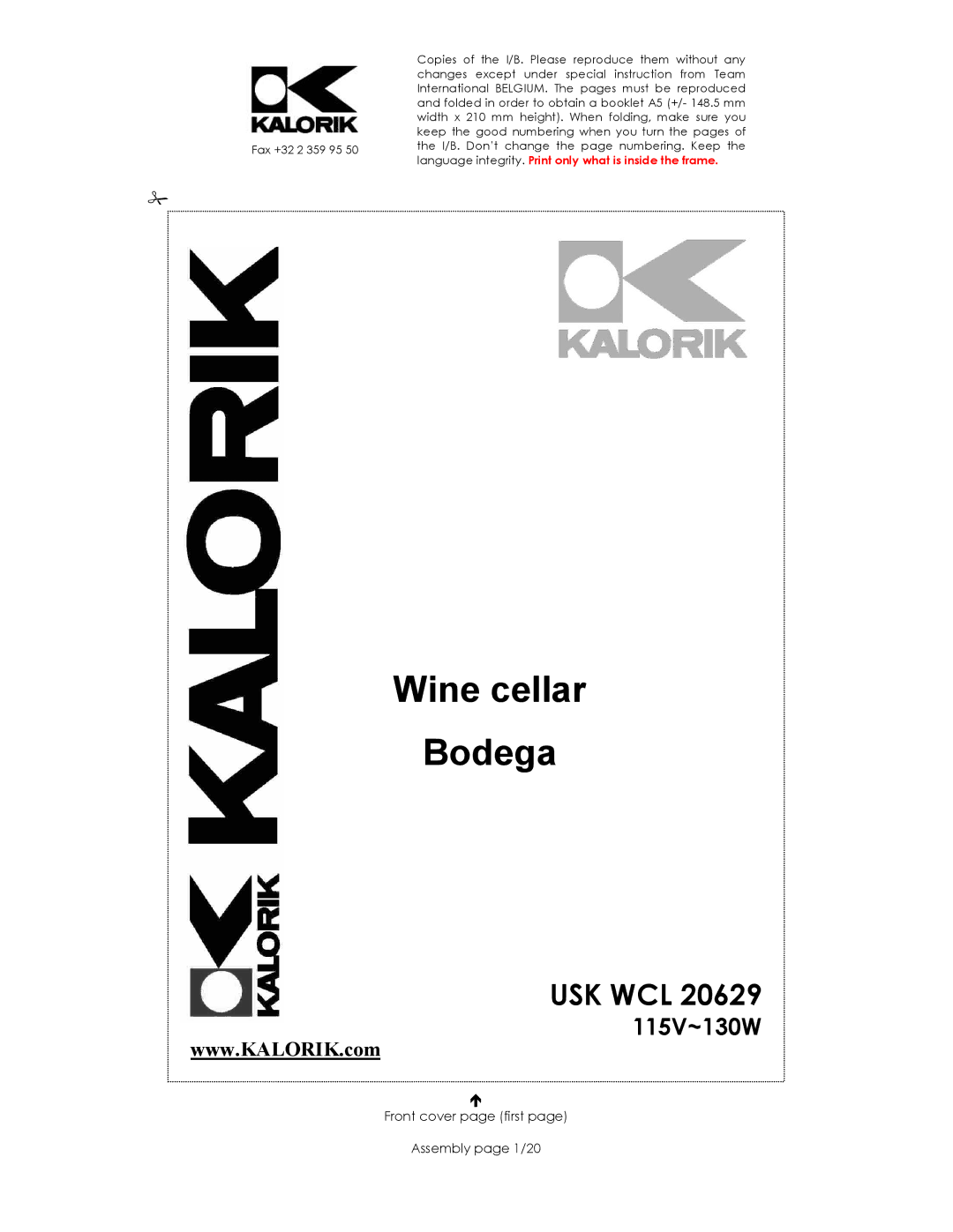 Kalorik USK WCL 20629 manual 115V~130W, Front cover page first Assembly page 1/20 