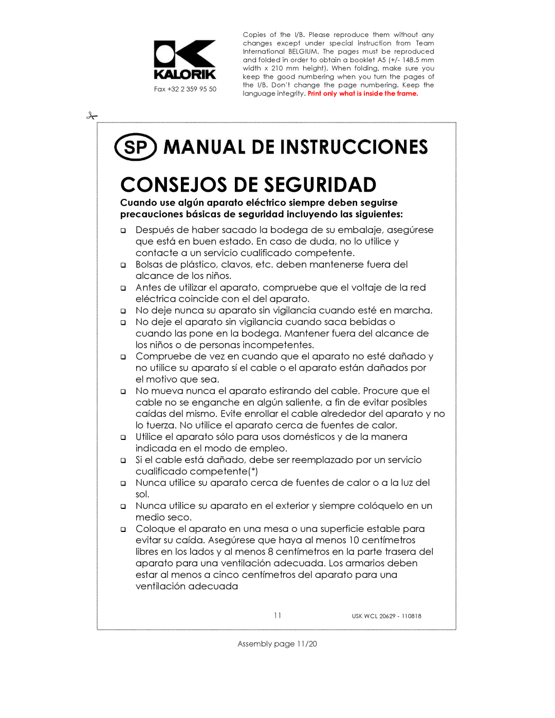 Kalorik USK WCL 20629 manual Consejos DE Seguridad, Assembly page 11/20 