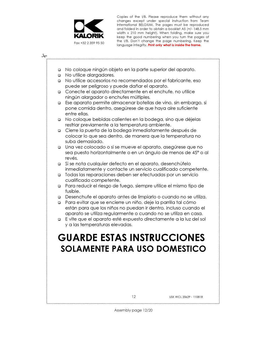 Kalorik USK WCL 20629 manual Guarde Estas Instrucciones, Assembly page 12/20 