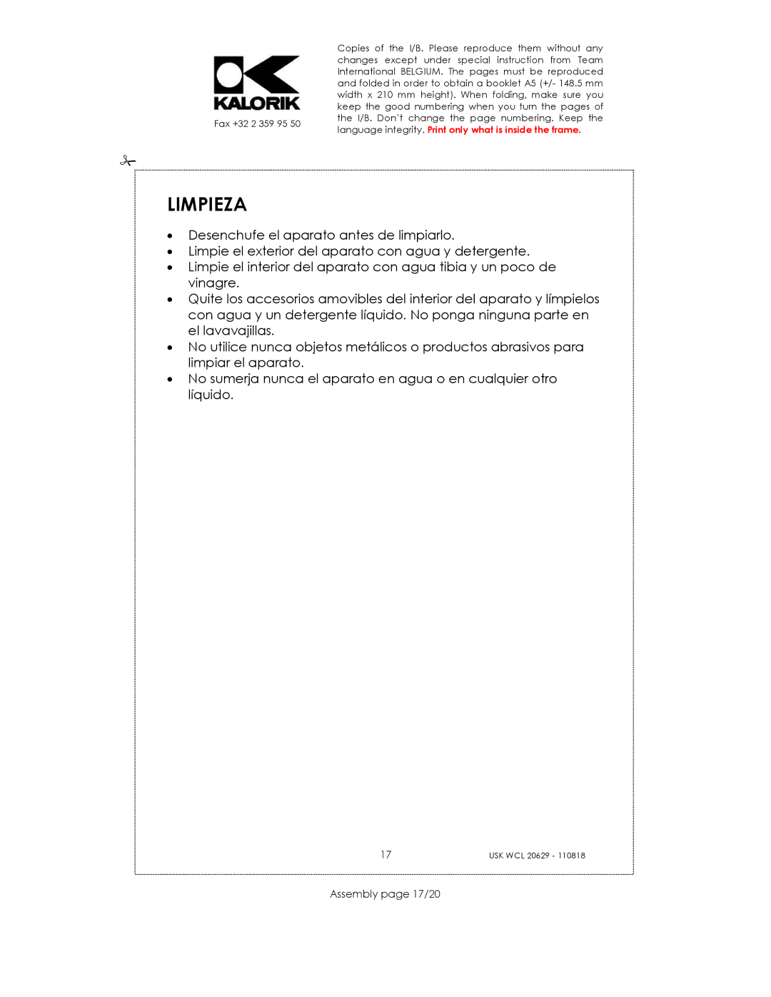 Kalorik USK WCL 20629 manual Limpieza, Assembly page 17/20 