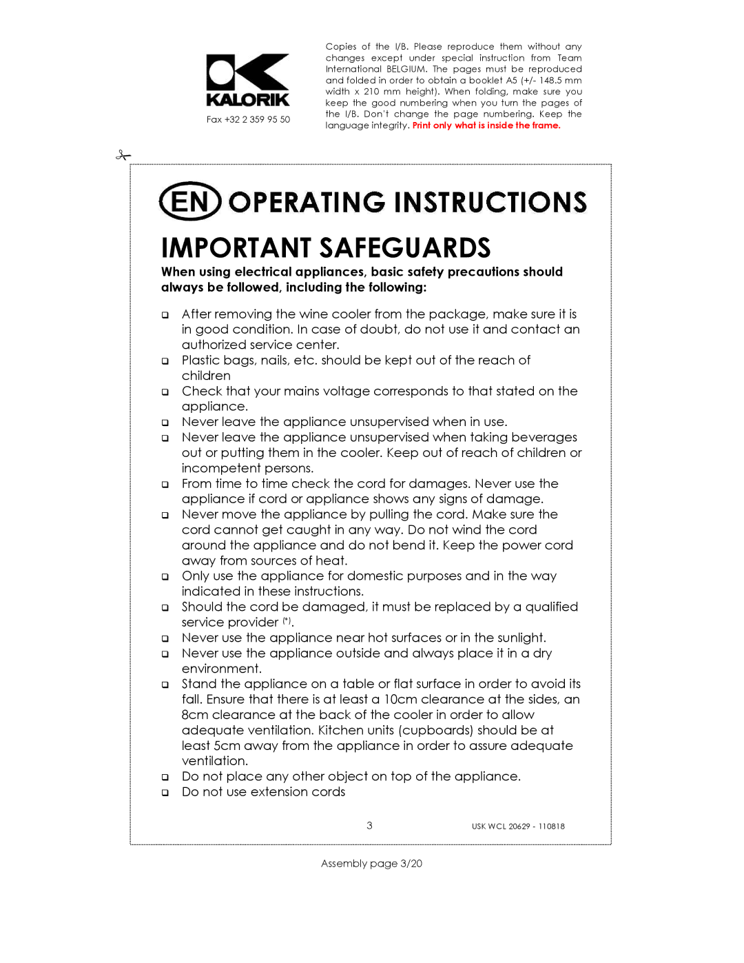 Kalorik USK WCL 20629 manual Important Safeguards, Assembly page 3/20 