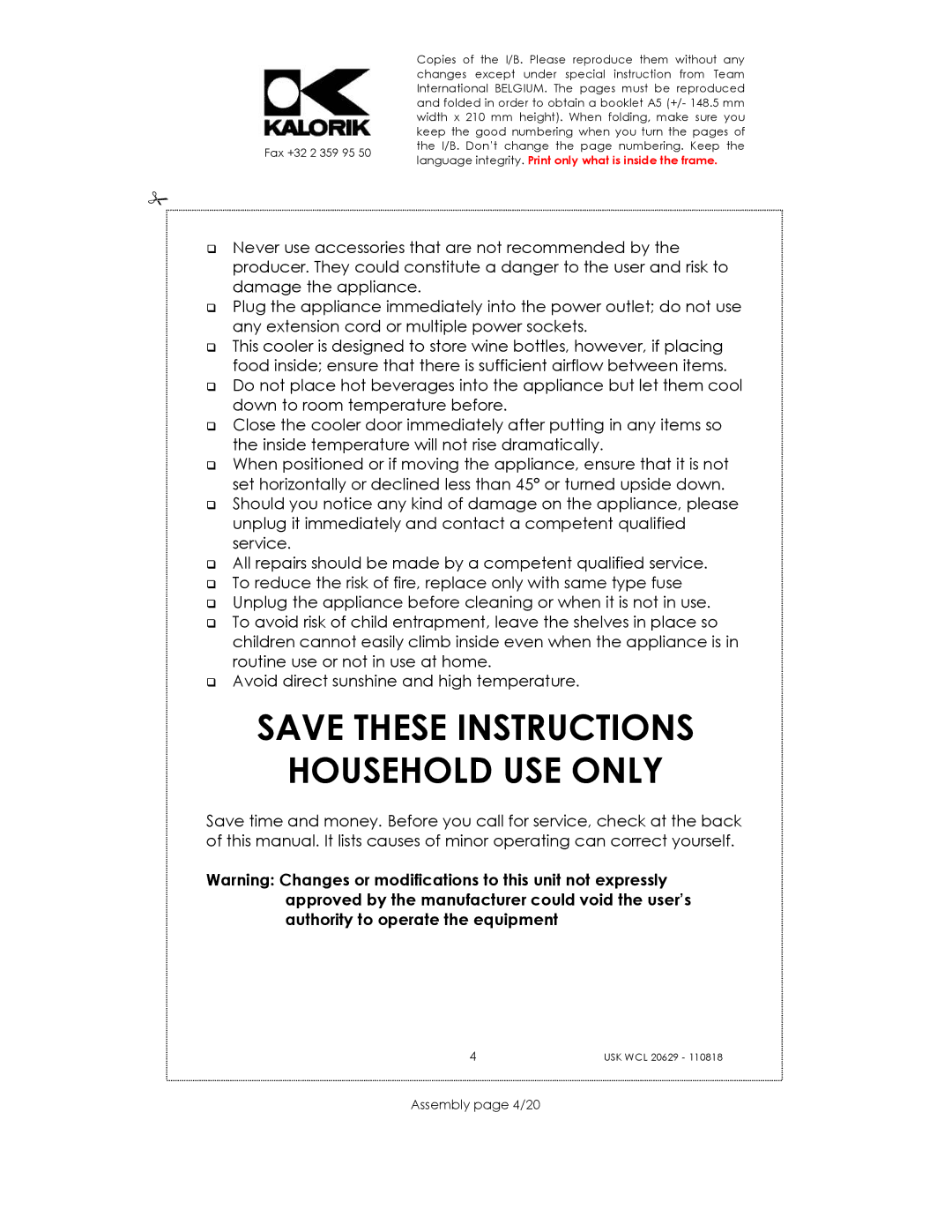 Kalorik USK WCL 20629 manual Household USE only, Assembly page 4/20 