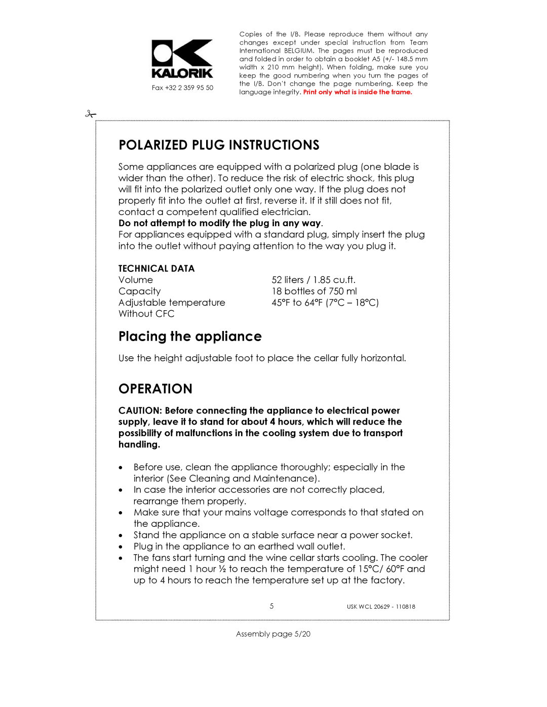 Kalorik USK WCL 20629 manual Polarized Plug Instructions, Placing the appliance, Operation, Assembly page 5/20 