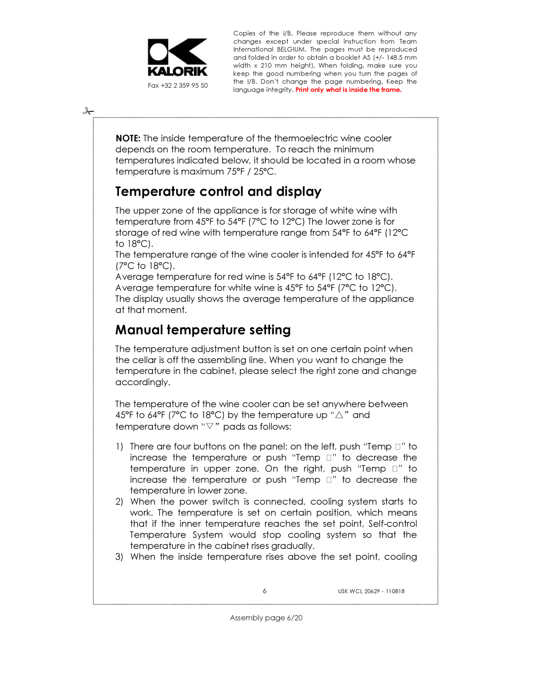 Kalorik USK WCL 20629 manual Temperature control and display, Manual temperature setting, Assembly page 6/20 