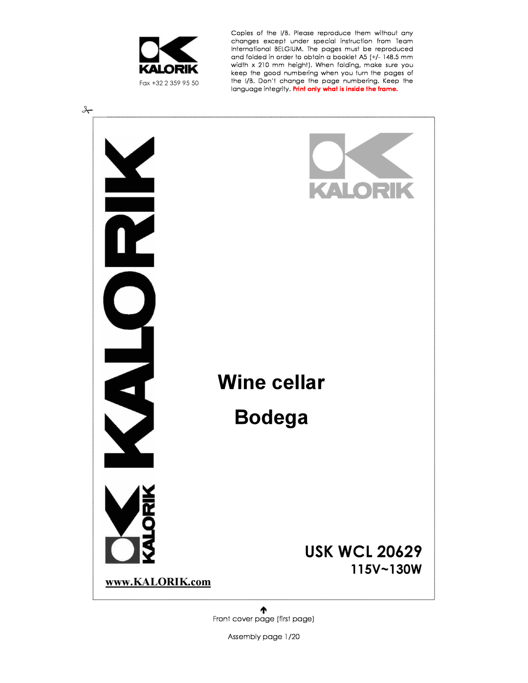 Kalorik USK WCL 20629 manual 115V~130W, Wine cellar Bodega, Usk Wcl, Front cover page first page Assembly page 1/20 