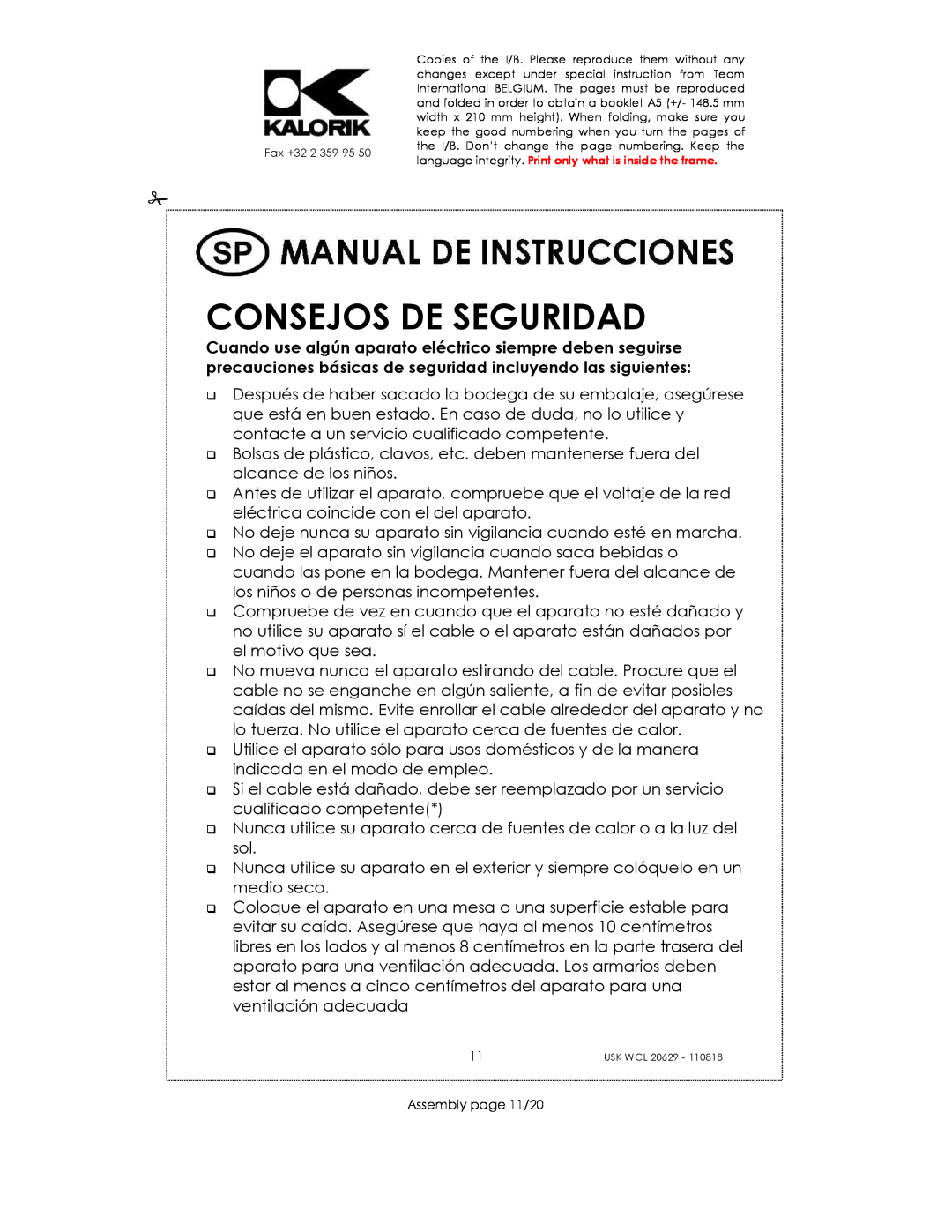 Kalorik USK WCL 20629 manual Consejos De Seguridad, Assembly page 11/20 