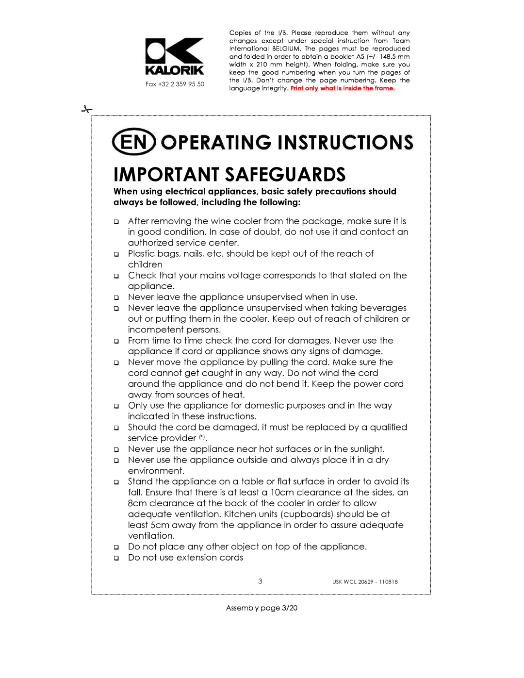 Kalorik USK WCL 20629 manual Important Safeguards 