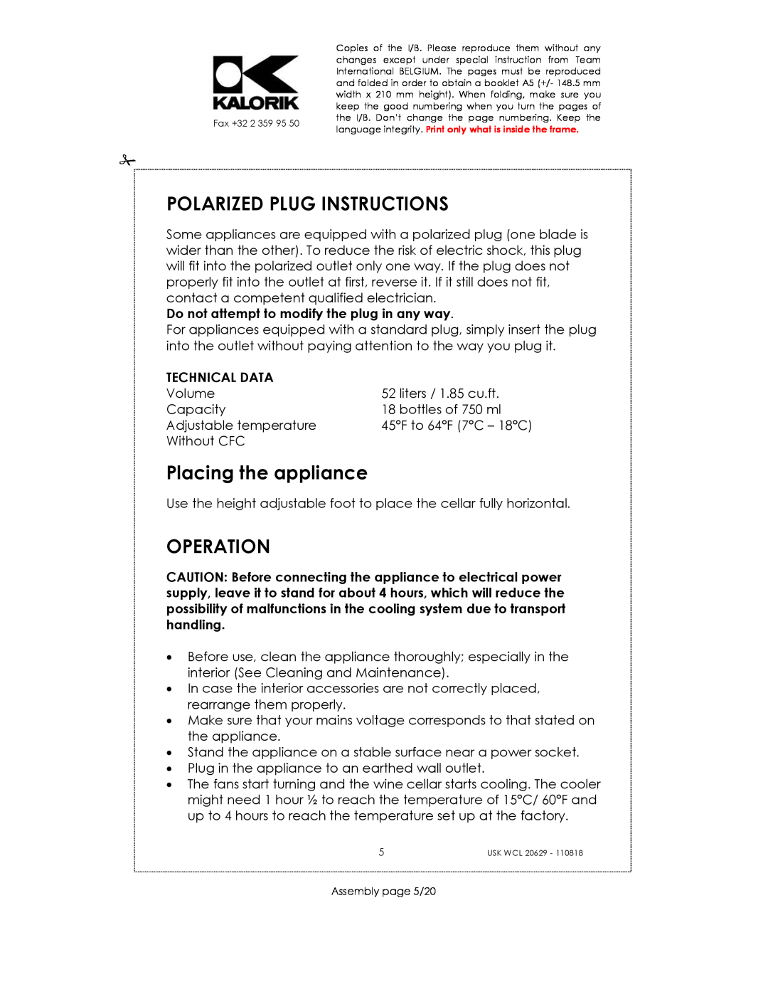 Kalorik USK WCL 20629 manual Polarized Plug Instructions, Placing the appliance, Operation, Technical Data 