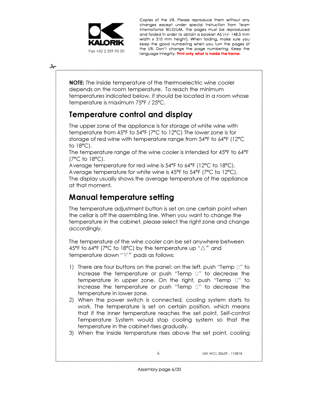 Kalorik USK WCL 20629 manual Temperature control and display, Manual temperature setting, Assembly page 6/20 