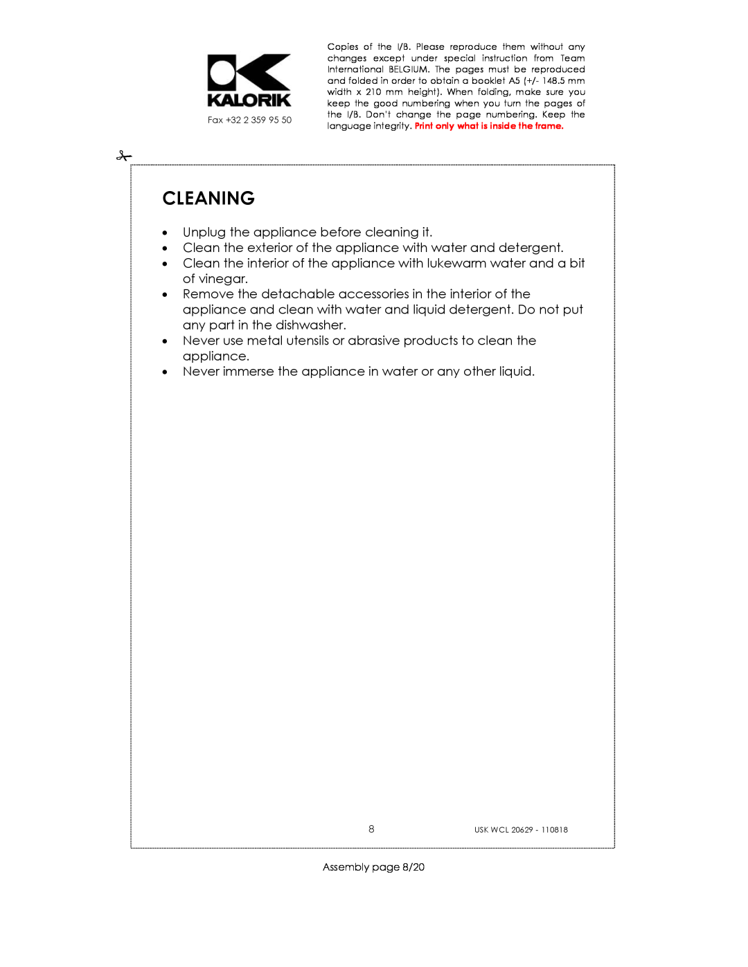 Kalorik USK WCL 20629 manual Cleaning 