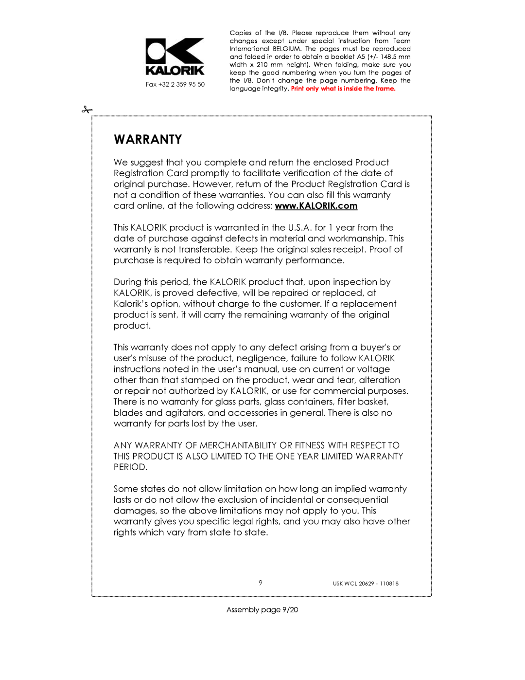 Kalorik USK WCL 20629 manual Warranty, Assembly page 9/20 