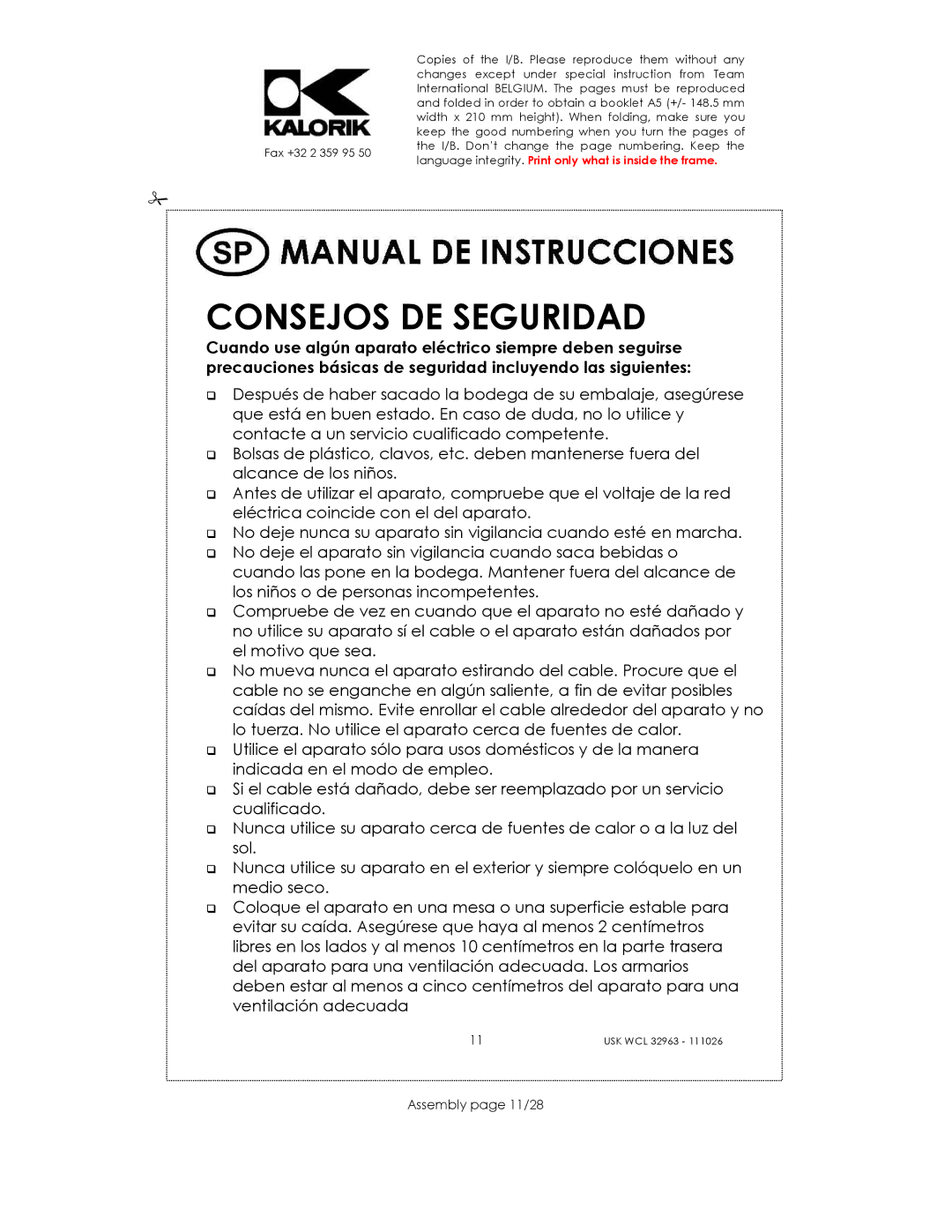 Kalorik USK WCL 32963 manual Consejos DE Seguridad, Assembly page 11/28 