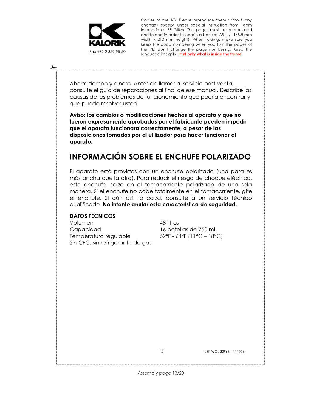 Kalorik USK WCL 32963 manual Información Sobre EL Enchufe Polarizado, Assembly page 13/28 