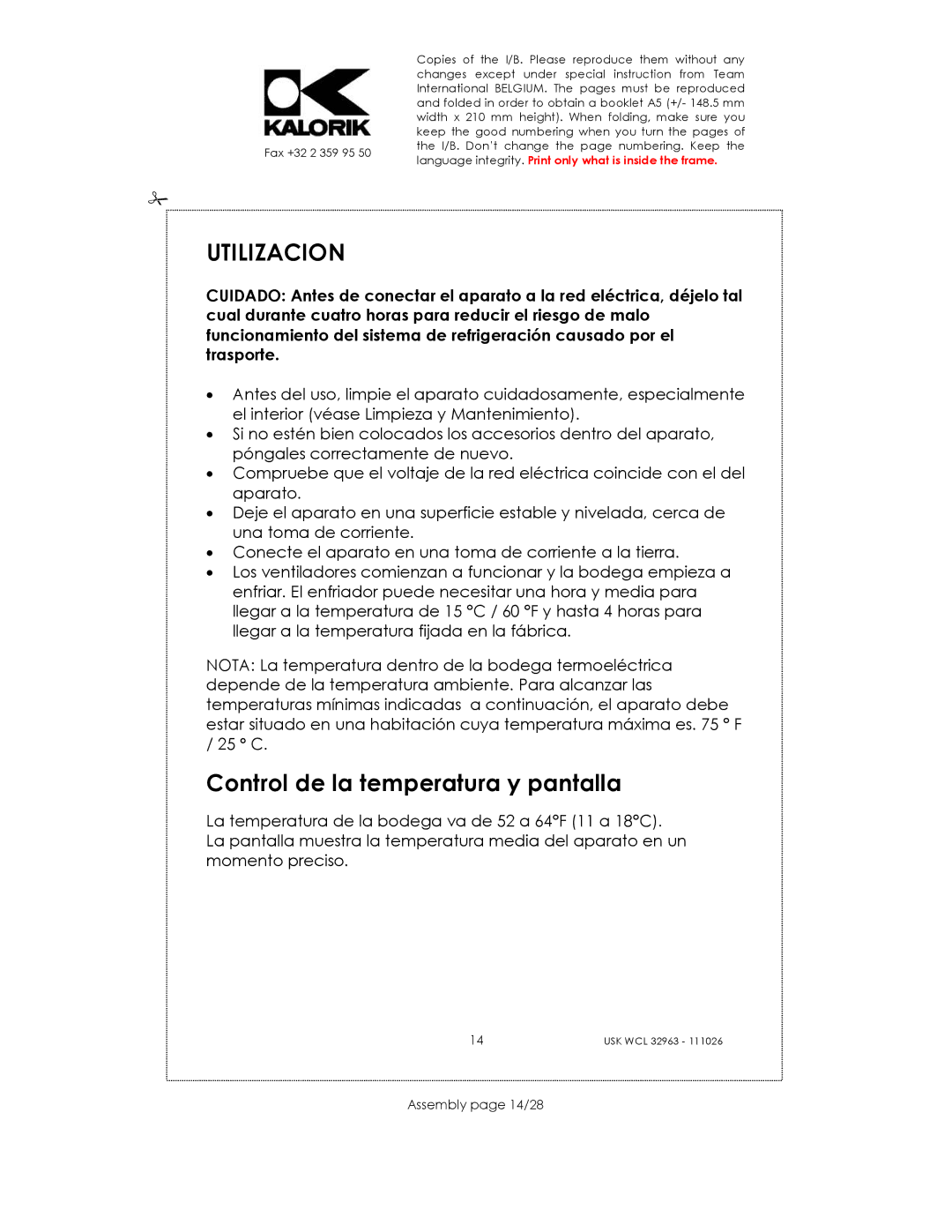 Kalorik USK WCL 32963 manual Utilizacion, Control de la temperatura y pantalla, Assembly page 14/28 