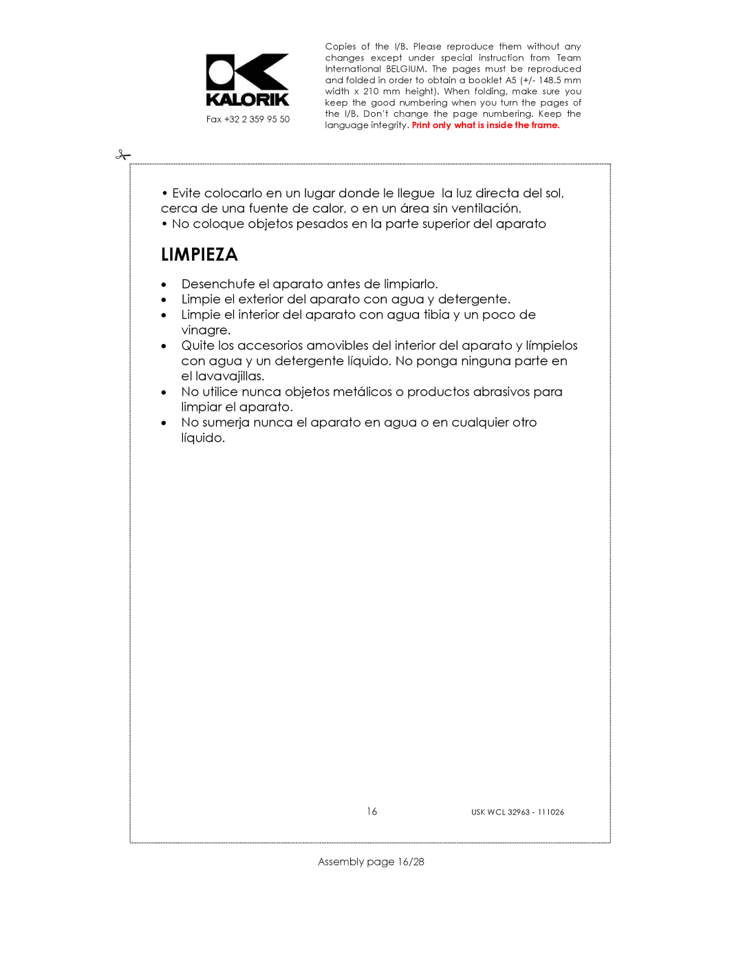 Kalorik USK WCL 32963 manual Limpieza, Assembly page 16/28 