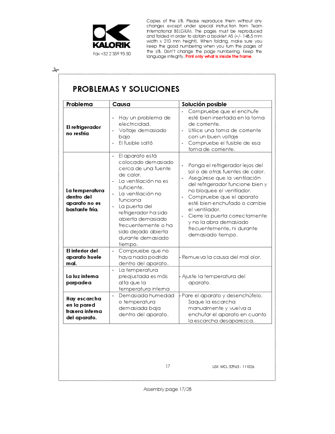 Kalorik USK WCL 32963 manual Problemas Y Soluciones, Assembly page 17/28 