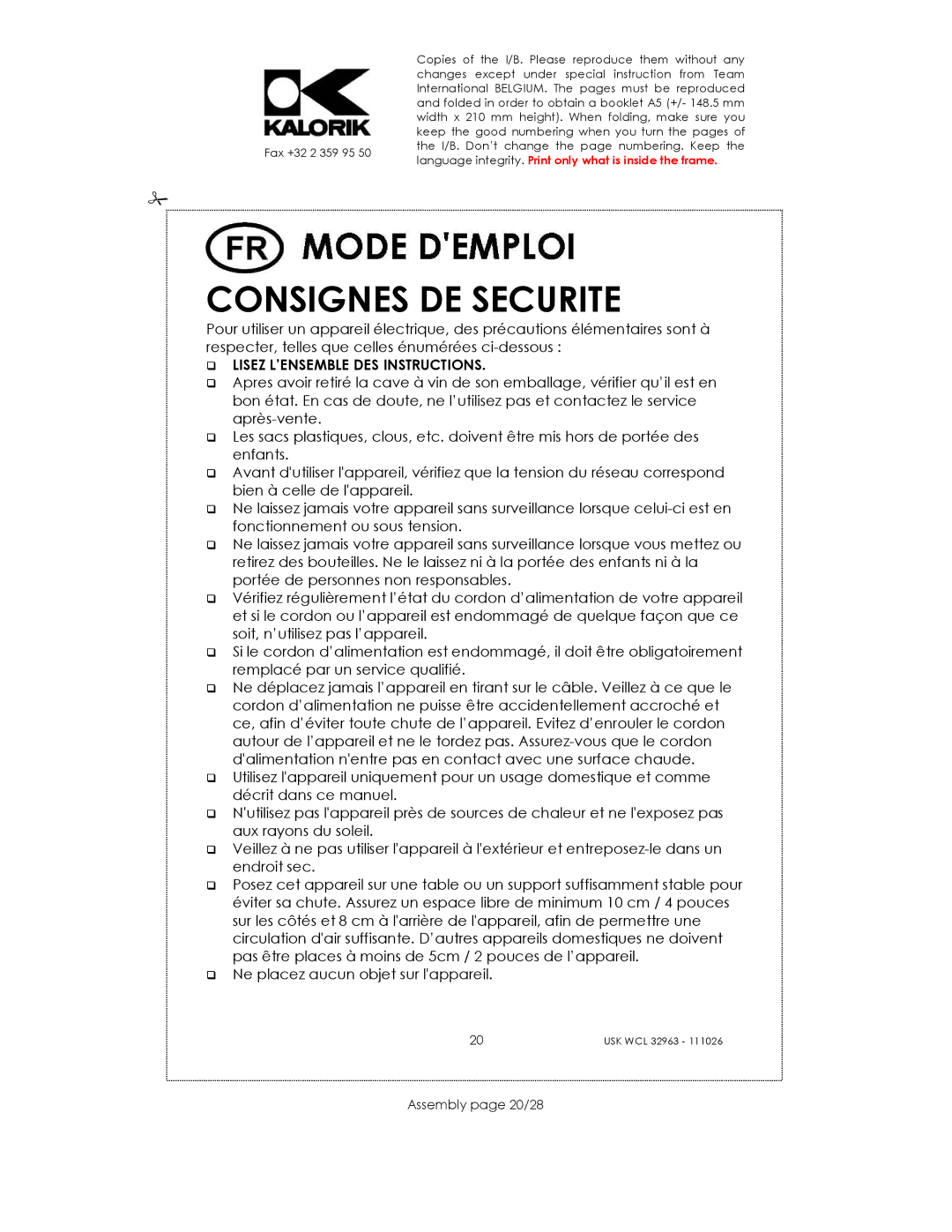 Kalorik USK WCL 32963 manual Consignes DE Securite, Assembly page 20/28 